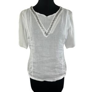 MALVIN White Short Sleeve Embellished Jeweled Neckline Linen Blouse Size 8